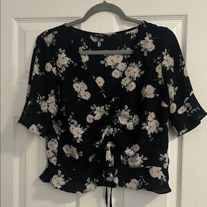Express Black Floral V-Neck Ruched Front Blouse